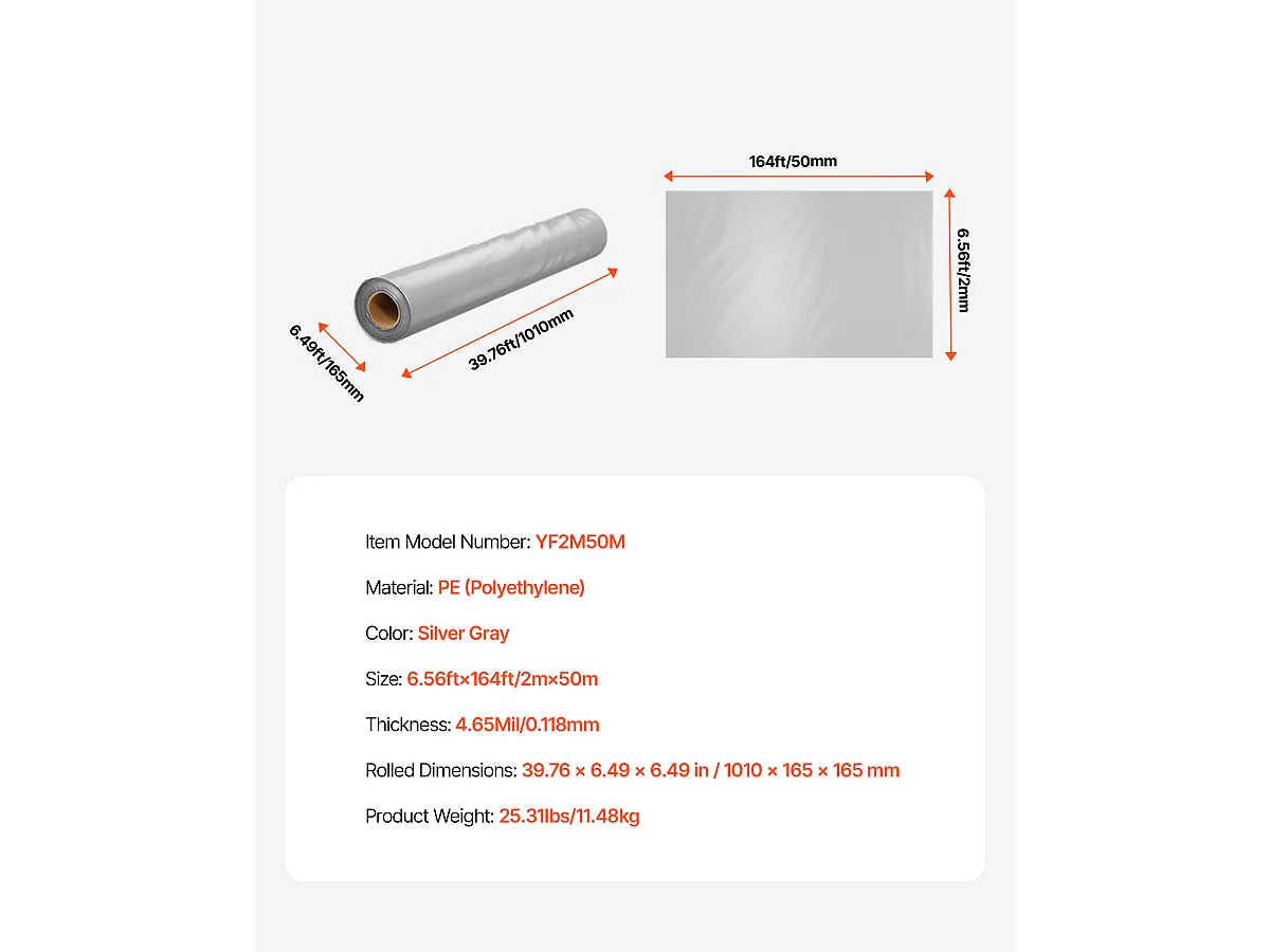 Rouleau de Feuille de Plastique SucceBuy 8 Mil 2 x 50 m en Polyéthylène Robuste Gris