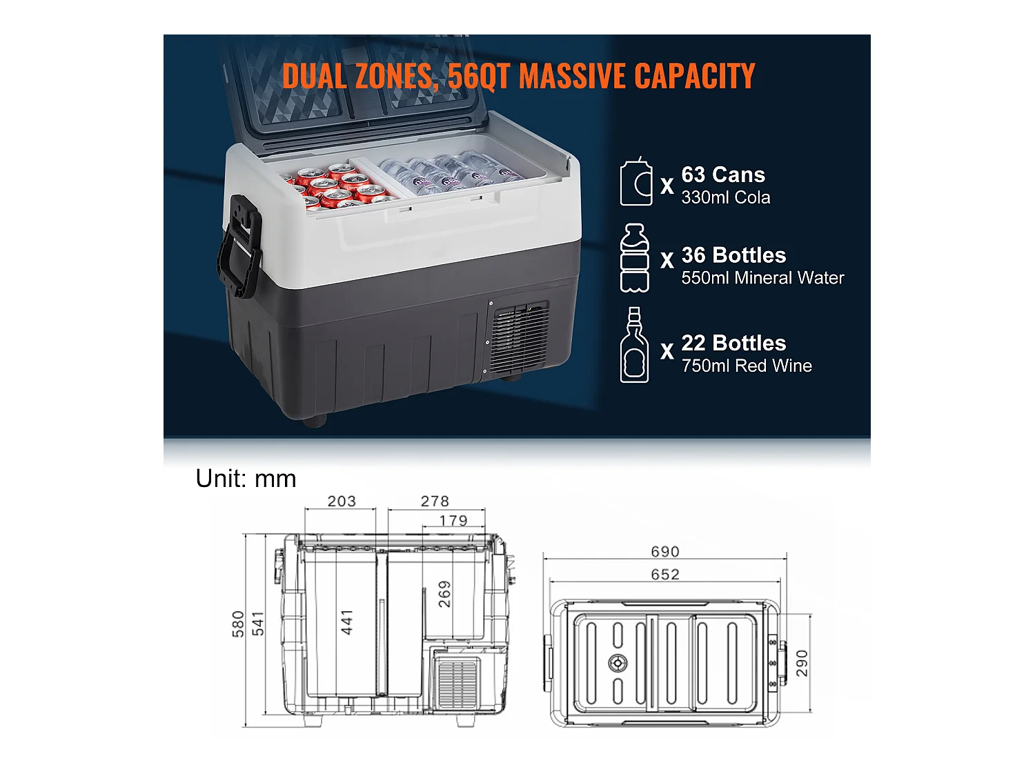 Autokoelkast SucceBuy 55L, Draagbare Autokoelkast 12/24 V, Dubbele Zone, voor Vrachtwagen Boot Kamperen