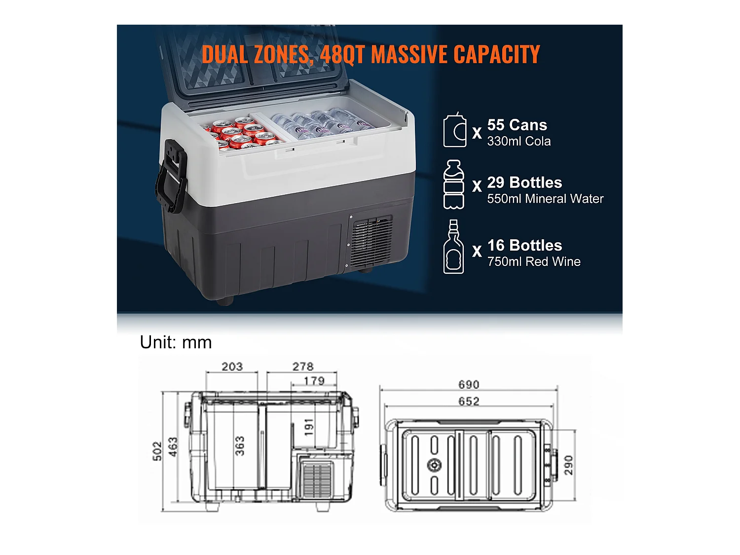 Réfrigérateur-Congélateur Portable SucceBuy 45L, 0,6 kW.h, 12/24 V, Double Zone, pour Camion Bateau Camping