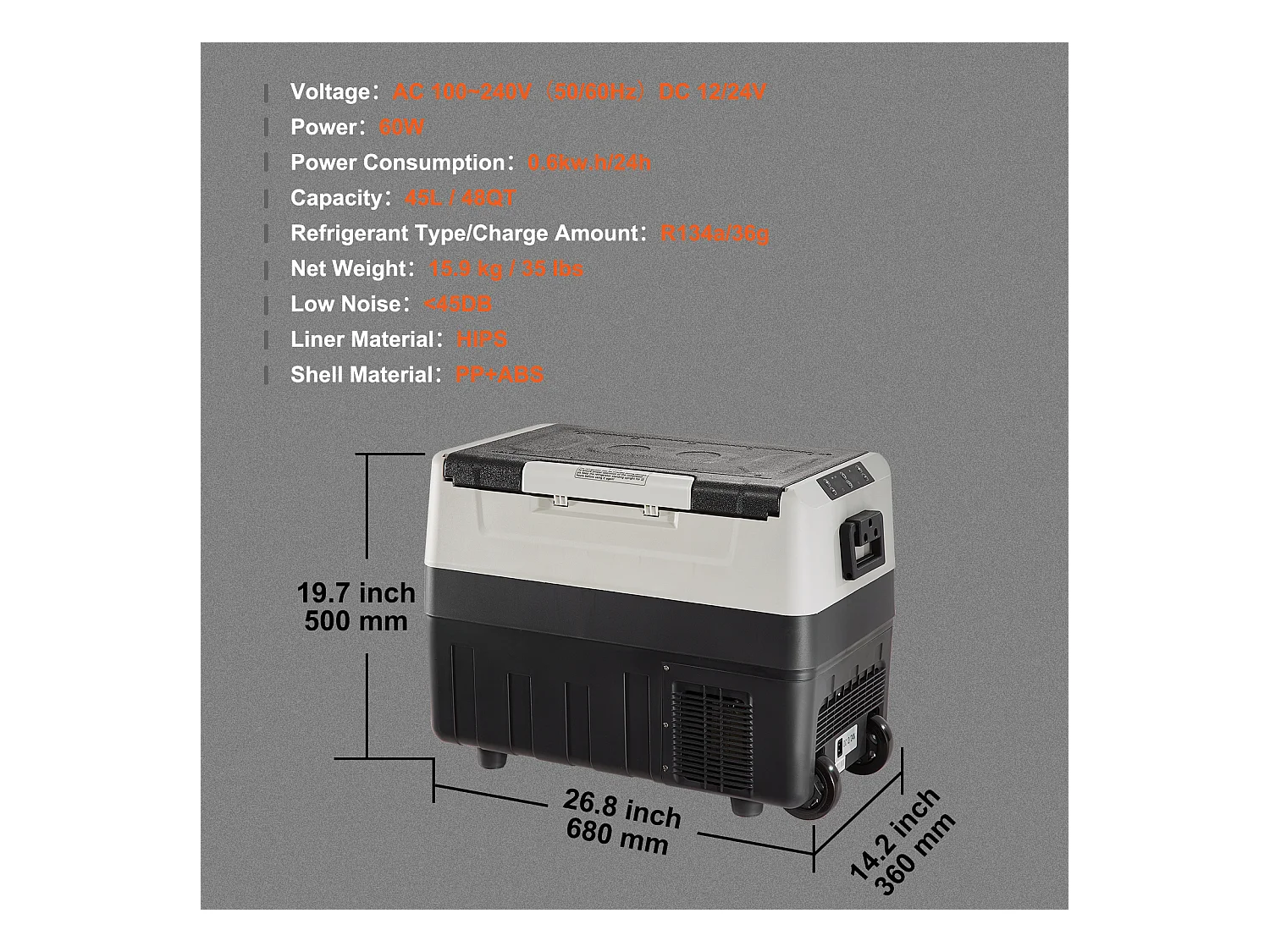 Réfrigérateur-Congélateur Portable SucceBuy 45L, 0,6 kW.h, 12/24 V, Double Zone, pour Camion Bateau Camping