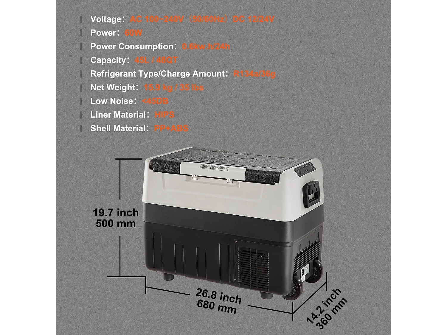 Réfrigérateur-Congélateur Portable SucceBuy 45L, 0,6 kW.h, 12/24 V, Double Zone, pour Camion Bateau Camping