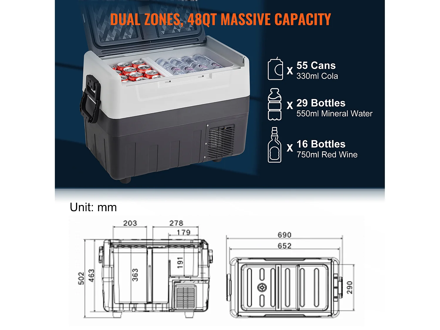 Réfrigérateur-Congélateur Portable SucceBuy 45L, 0,6 kW.h, 12/24 V, Double Zone, pour Camion Bateau Camping