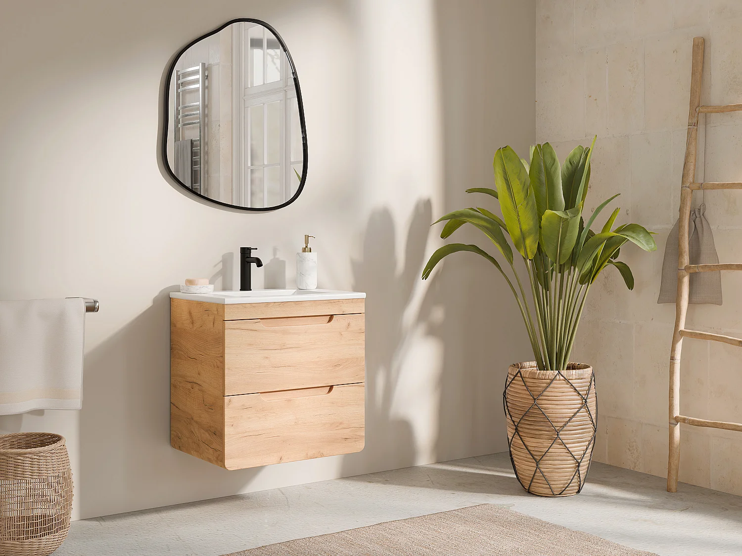 Meuble de salle de bain suspendu avec vasque à encastrer - Coloris naturel - 60 cm - ARUBA