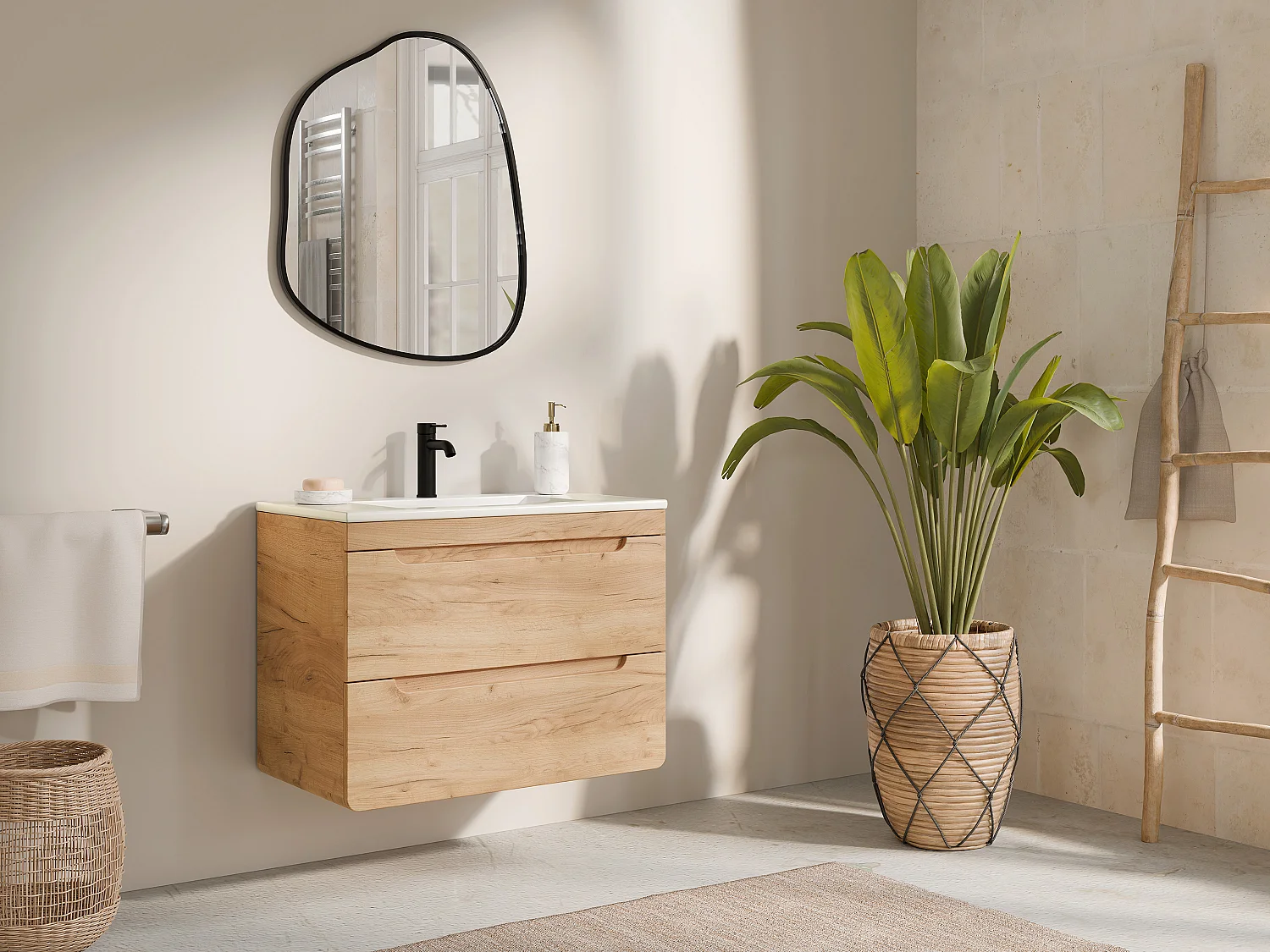Meuble de salle de bain suspendu avec vasque à encastrer - Coloris naturel - 80 cm - ARUBA