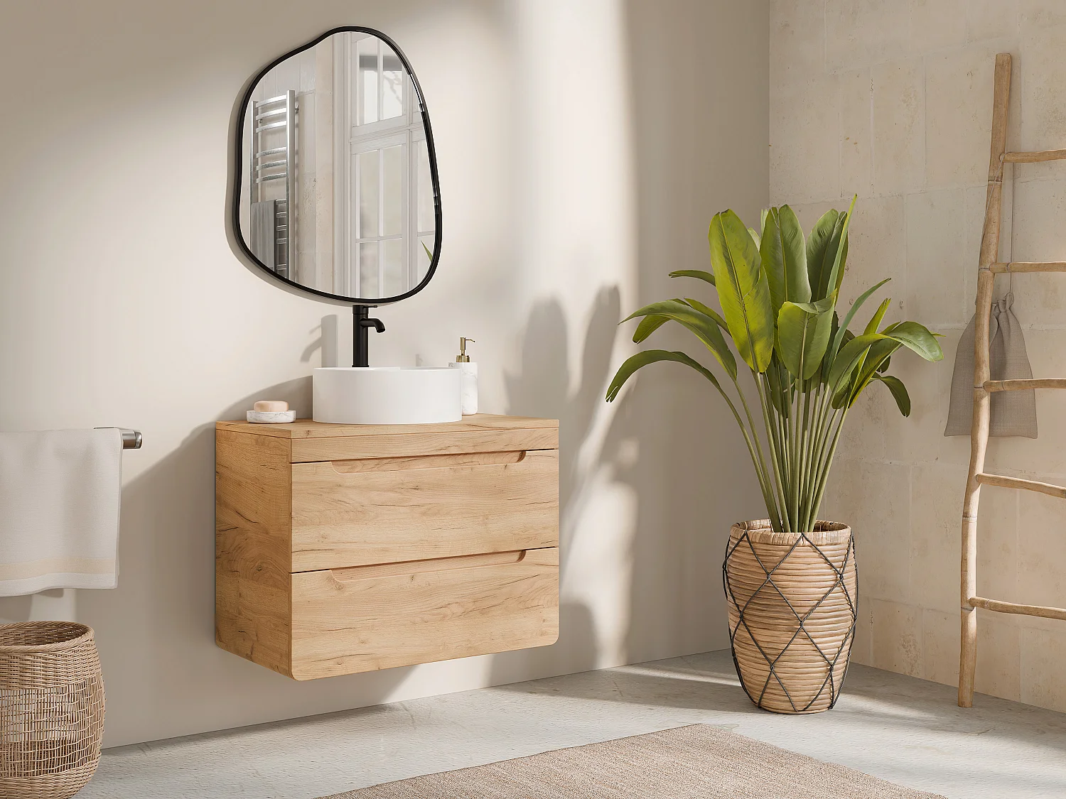 Mueble flotante de baño con lavabo redondo para instalar - Color natural - 80 cm - ARUBA