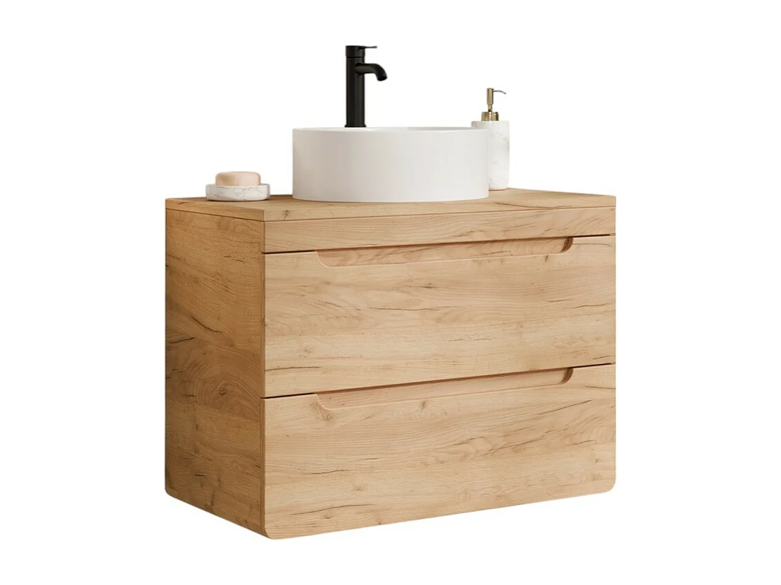 Meuble de salle de bain suspendu avec vasque à poser ronde - Coloris naturel - 80 cm - ARUBA