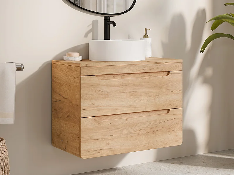 Waschbeckenunterschrank hängend mit rundem Aufsatzwaschbecken - Holzfarben - 80 cm - ARUBA