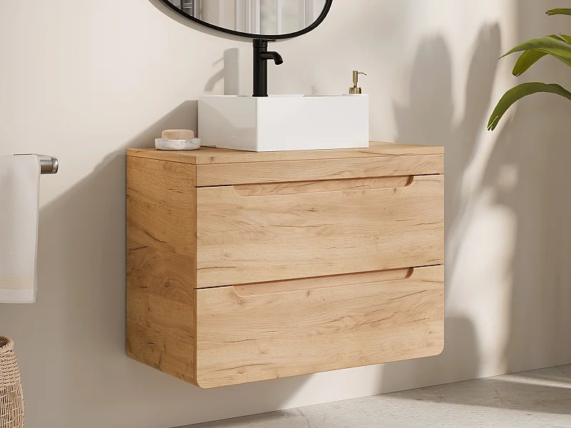 Waschbeckenunterschrank hängend mit quadratischem Aufsatzwaschbecken - Holzfarben - 80 cm - ARUBA