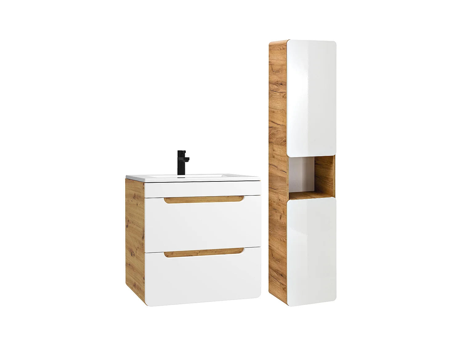Mueble de baño flotante con lavabo encastrado y armario - Color natural y blanco - 60 cm - ARUBA
