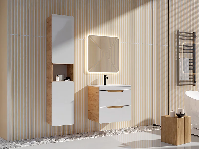 Meuble de salle de bain suspendu avec vasque à encastrer et colonne - Coloris naturel et blanc - 60 cm - ARUBA