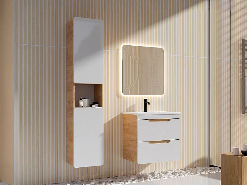 Mueble de baño flotante con lavabo encastrado y armario - Color natural y blanco - 60 cm - ARUBA