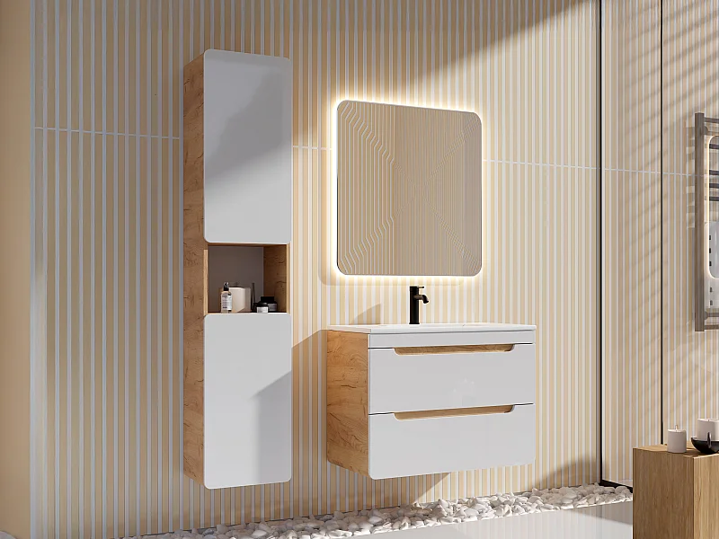 Waschbeckenunterschrank hängend mit Einbauwaschbecken & Badhochschrank - Holzfarben & Weiß - 80 cm - ARUBA