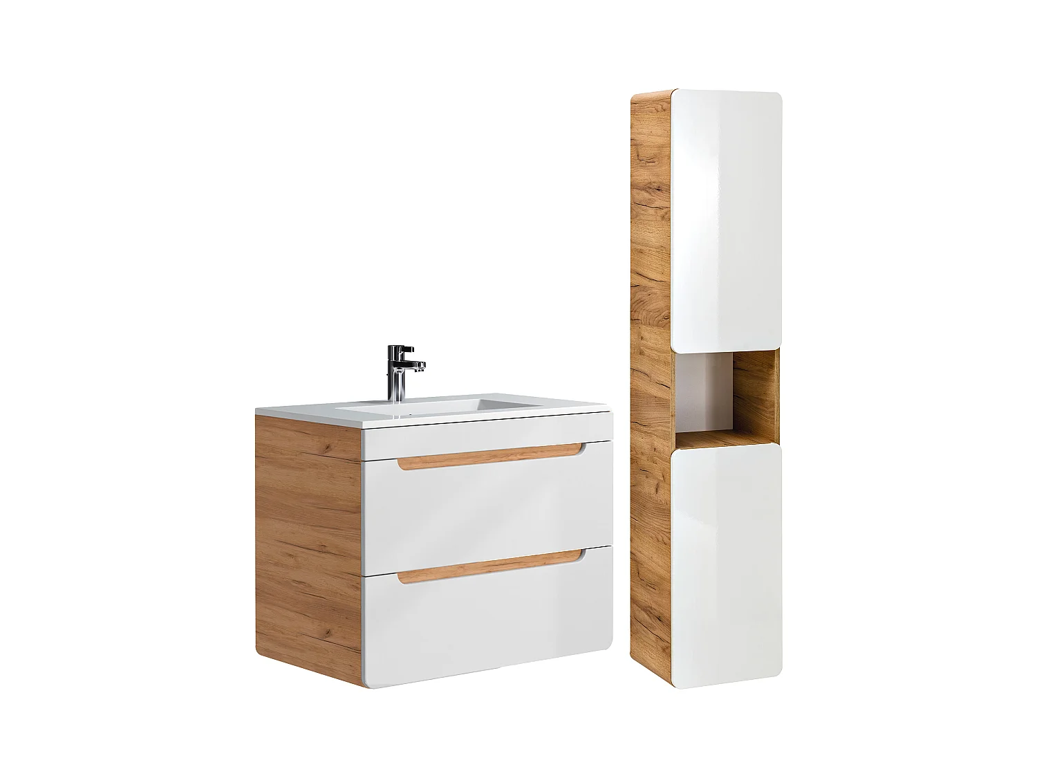 Meuble de salle de bain suspendu avec vasque à encastrer et colonne - Coloris naturel et blanc - 80 cm - ARUBA