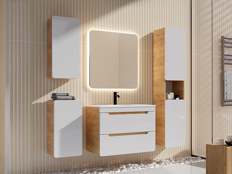 Móvel de casa de banho suspenso com lavatório de encastrar e três colunas cor natural e branco 80 cm - ARUBA