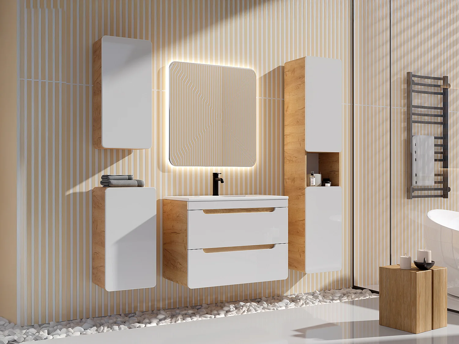 Meuble de salle de bain suspendu avec vasque à encastrer et trois colonnes - Coloris naturel et blanc - 80 cm - ARUBA