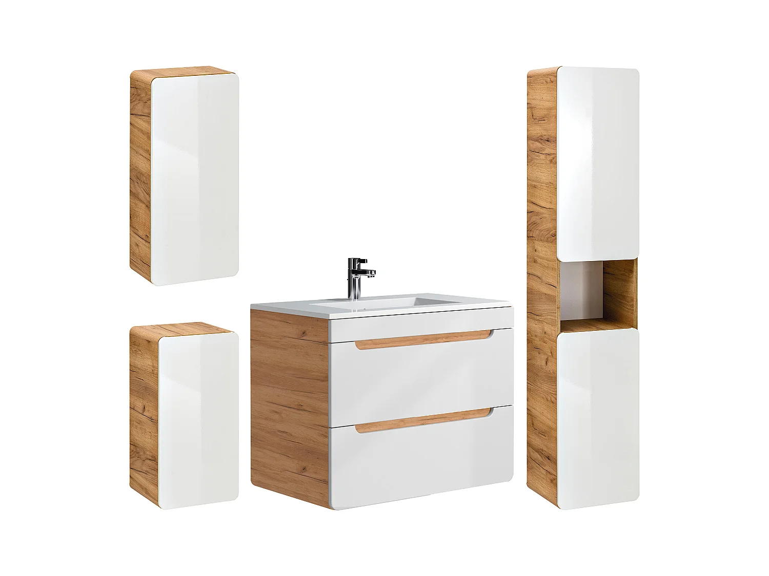 Meuble de salle de bain suspendu avec vasque à encastrer et trois colonnes - Coloris naturel et blanc - 80 cm - ARUBA