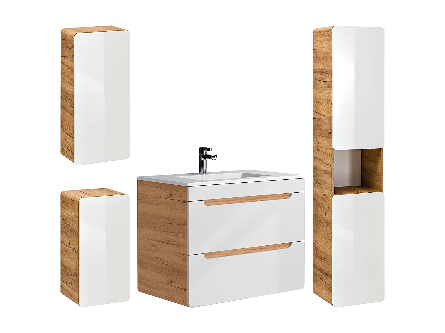 Szafka łazienkowa wisząca  z umywalką wpuszczaną w blat i trzema słupkami - 80 cm - Naturalny i biały - 80 cm - ARUBA