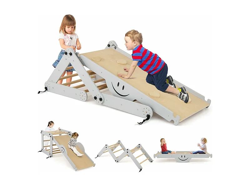 5 en 1 Échelle d'escalade Montessori Enfant avec Rampe, Triangle d'escalade Pliable en Bois avec Toboggan & Bascule, Charge 60kg pour Enfant de 3 Ans+ (Naturel)