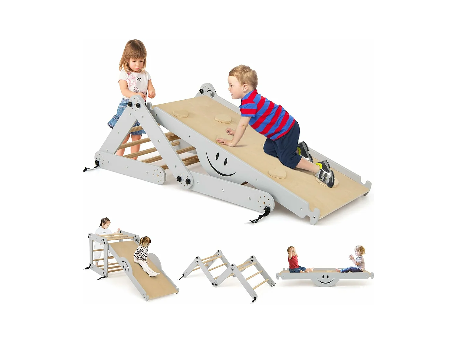 5 en 1 Échelle d'escalade Montessori Enfant avec Rampe, Triangle d'escalade Pliable en Bois avec Toboggan & Bascule, Charge 60kg pour Enfant de 3 Ans+ (Naturel)