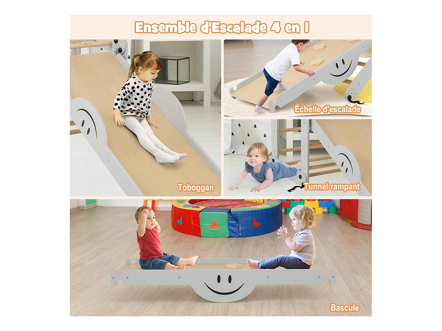5 en 1 Échelle d'escalade Montessori Enfant avec Rampe, Triangle d'escalade Pliable en Bois avec Toboggan & Bascule, Charge 60kg pour Enfant de 3 Ans+ (Naturel)