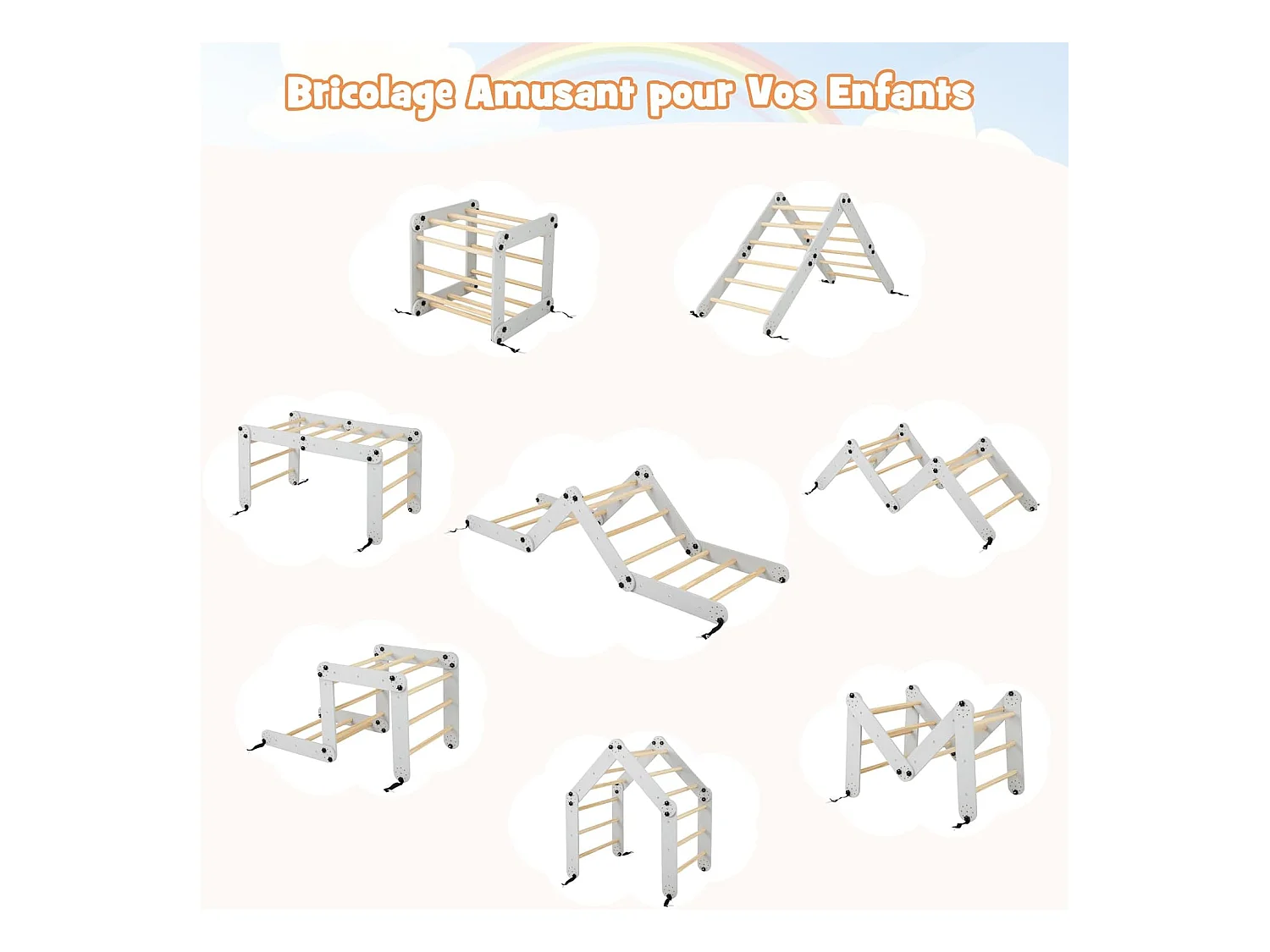 5 en 1 Échelle d'escalade Montessori Enfant avec Rampe, Triangle d'escalade Pliable en Bois avec Toboggan & Bascule, Charge 60kg pour Enfant de 3 Ans+ (Naturel)