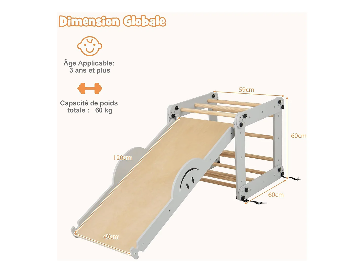 5 en 1 Échelle d'escalade Montessori Enfant avec Rampe, Triangle d'escalade Pliable en Bois avec Toboggan & Bascule, Charge 60kg pour Enfant de 3 Ans+ (Naturel)