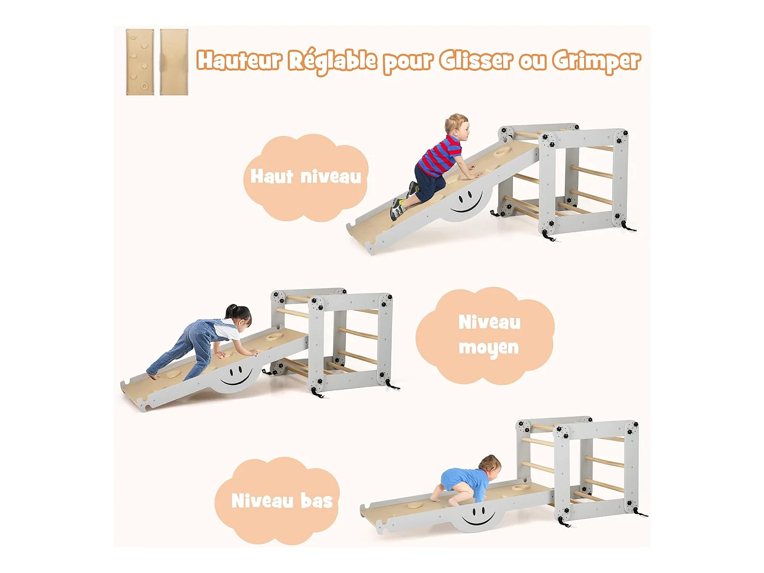 5 en 1 Échelle d'escalade Montessori Enfant avec Rampe, Triangle d'escalade Pliable en Bois avec Toboggan & Bascule, Charge 60kg pour Enfant de 3 Ans+ (Naturel)