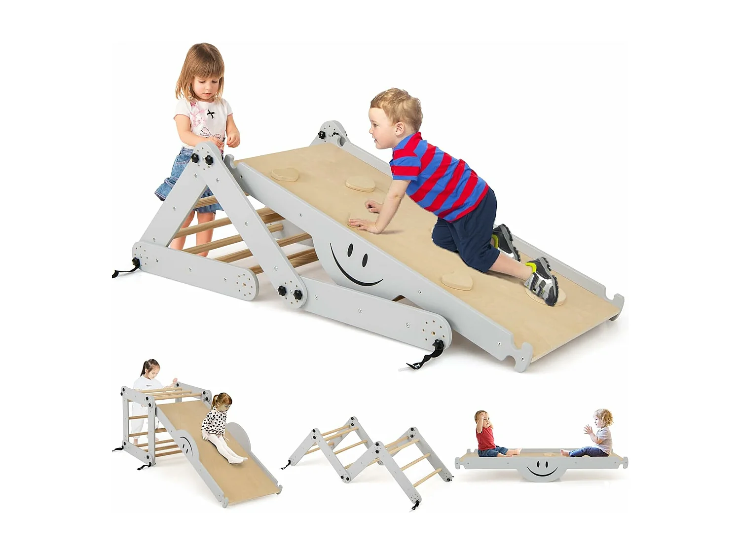 5 en 1 Échelle d'escalade Montessori Enfant avec Rampe, Triangle d'escalade Pliable en Bois avec Toboggan & Bascule, Charge 60kg pour Enfant de 3 Ans+ (Naturel)