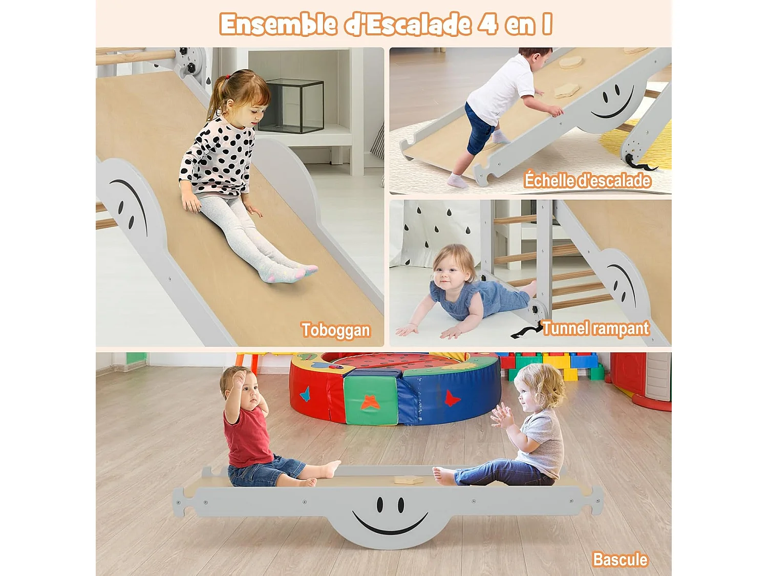 5 en 1 Échelle d'escalade Montessori Enfant avec Rampe, Triangle d'escalade Pliable en Bois avec Toboggan & Bascule, Charge 60kg pour Enfant de 3 Ans+ (Naturel)