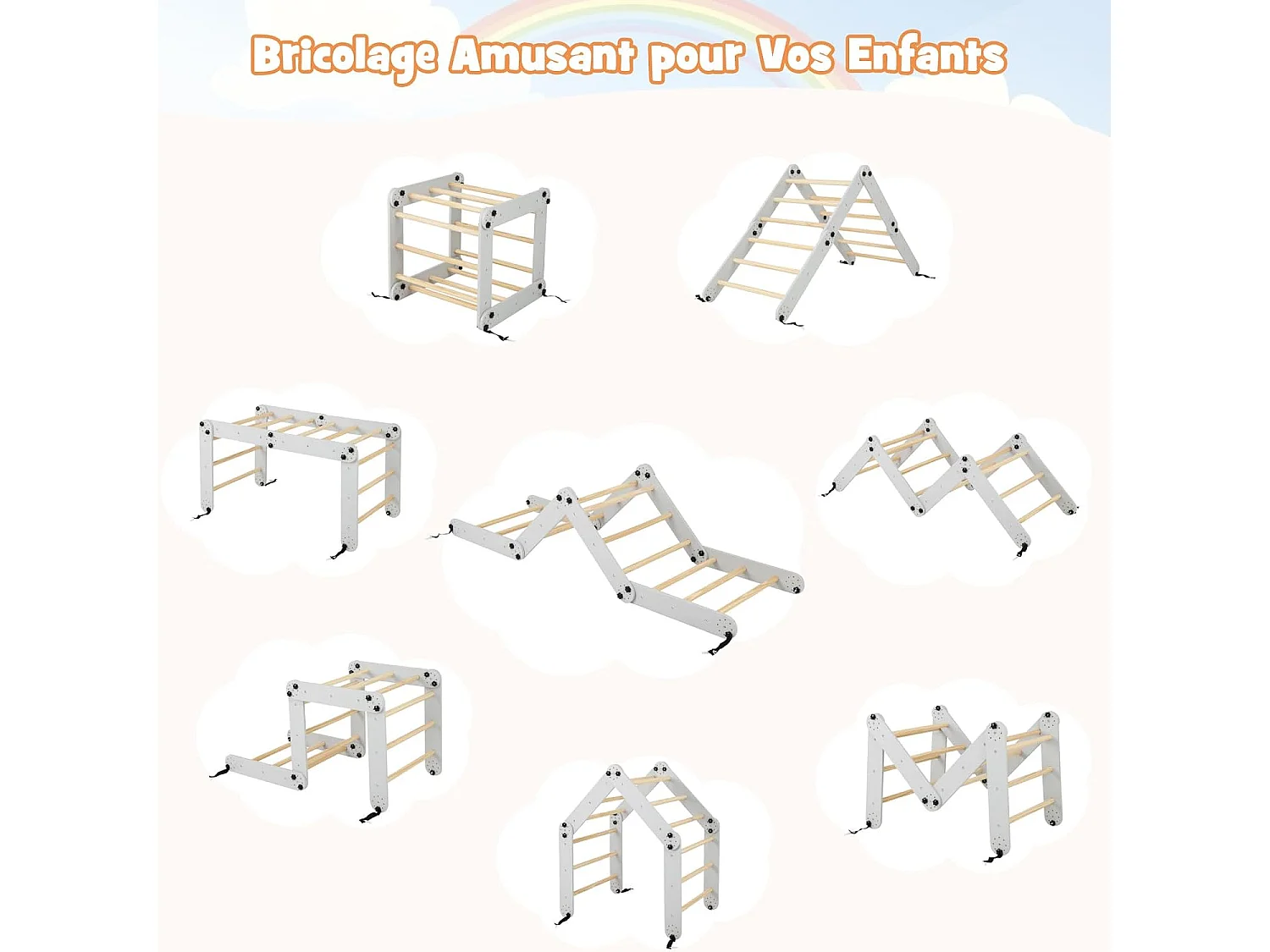 5 en 1 Échelle d'escalade Montessori Enfant avec Rampe, Triangle d'escalade Pliable en Bois avec Toboggan & Bascule, Charge 60kg pour Enfant de 3 Ans+ (Naturel)