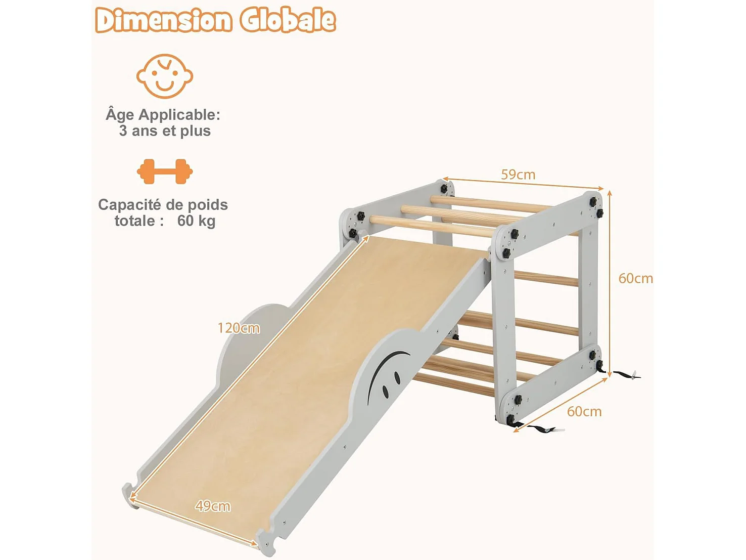 5 en 1 Échelle d'escalade Montessori Enfant avec Rampe, Triangle d'escalade Pliable en Bois avec Toboggan & Bascule, Charge 60kg pour Enfant de 3 Ans+ (Naturel)