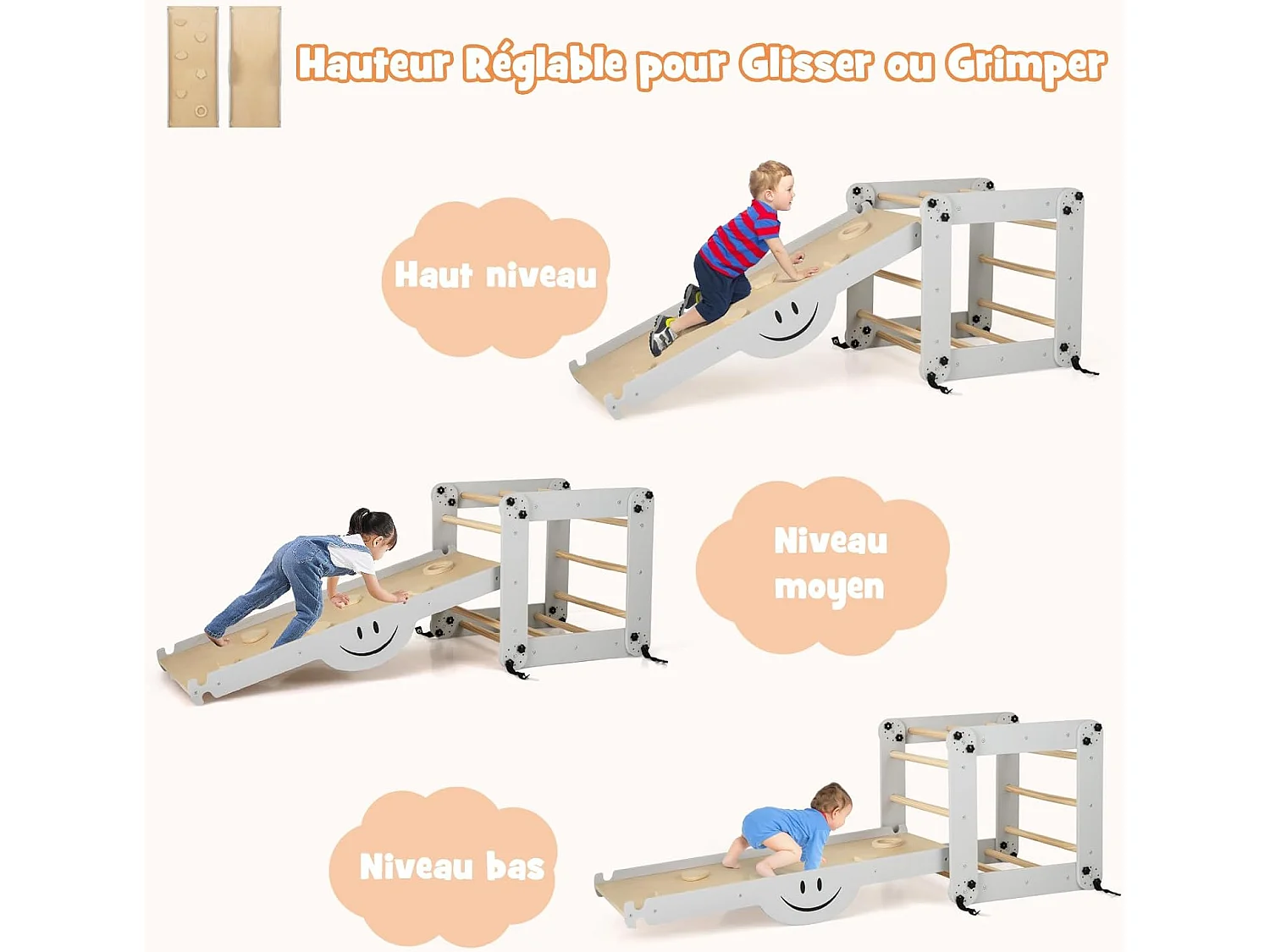 5 en 1 Échelle d'escalade Montessori Enfant avec Rampe, Triangle d'escalade Pliable en Bois avec Toboggan & Bascule, Charge 60kg pour Enfant de 3 Ans+ (Naturel)