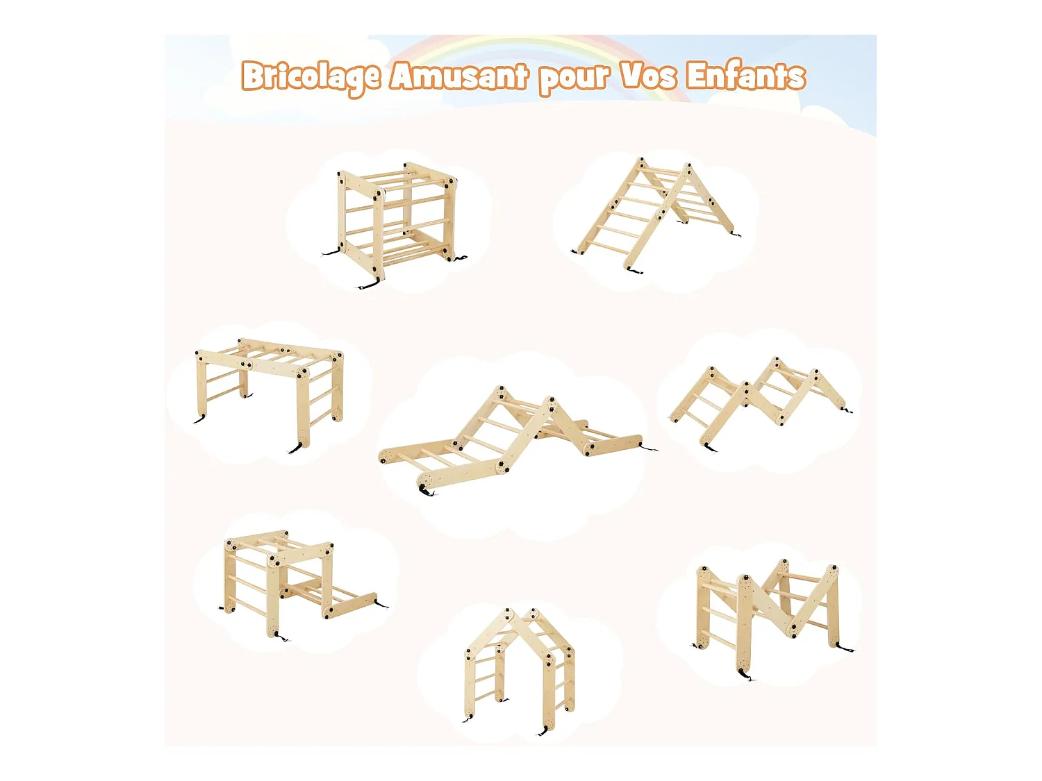 5 en 1 Échelle d'escalade Montessori Enfant avec Rampe, Triangle d'escalade Pliable en Bois avec Toboggan & Bascule, Charge 60kg pour Enfant de 3 Ans+(Girs)