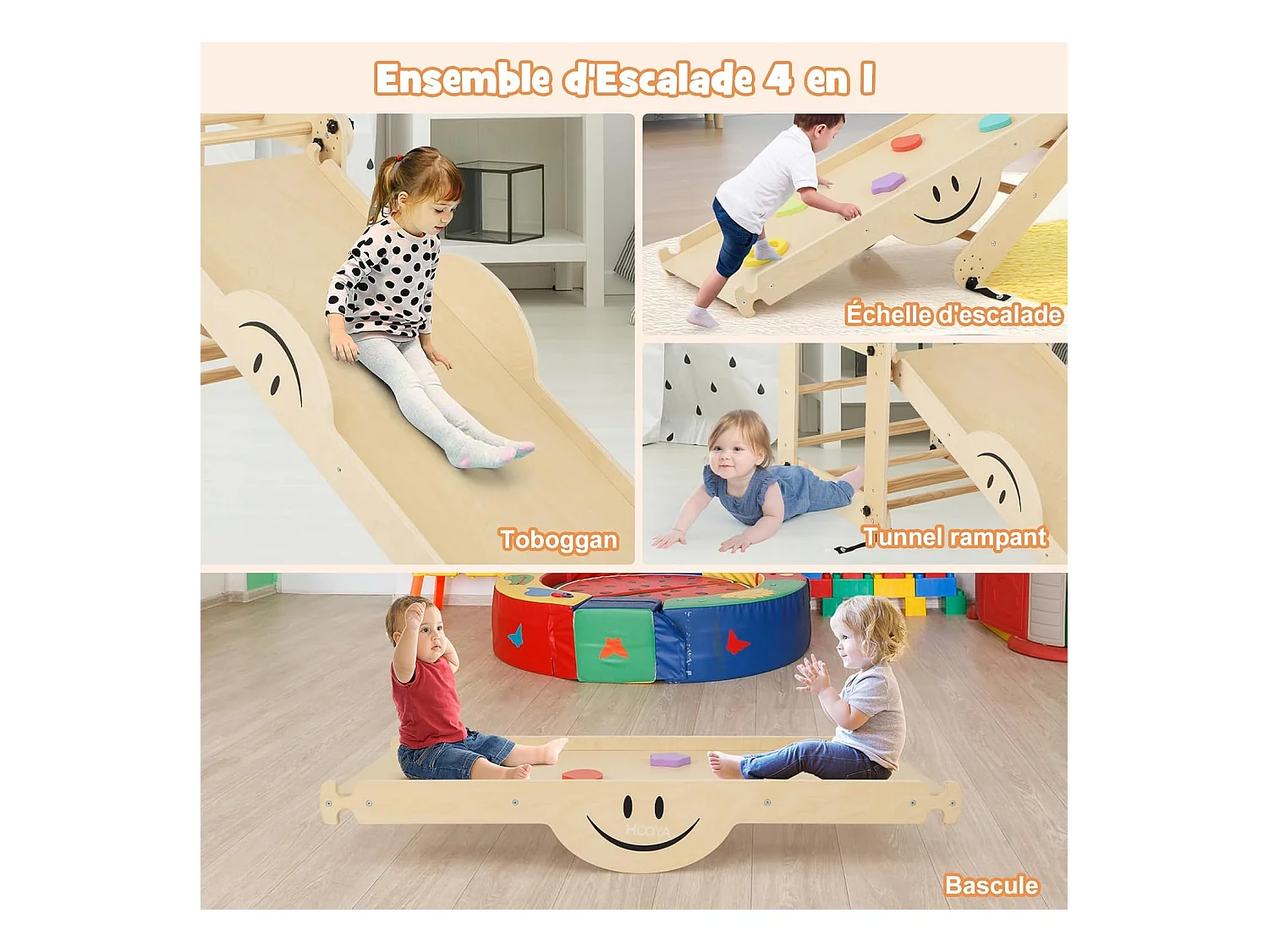 5 en 1 Échelle d'escalade Montessori Enfant avec Rampe, Triangle d'escalade Pliable en Bois avec Toboggan & Bascule, Charge 60kg pour Enfant de 3 Ans+(Girs)