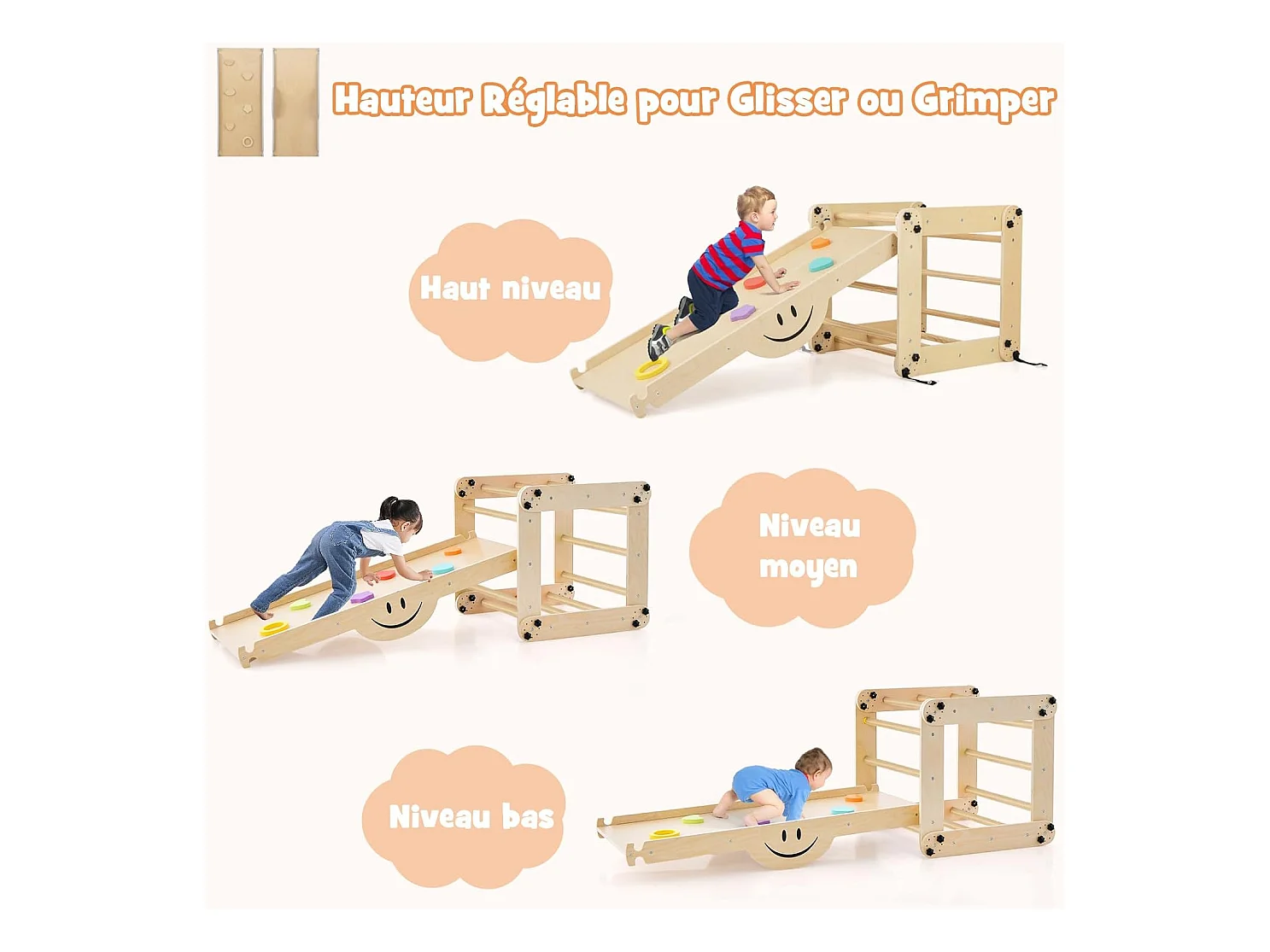 5 en 1 Échelle d'escalade Montessori Enfant avec Rampe, Triangle d'escalade Pliable en Bois avec Toboggan & Bascule, Charge 60kg pour Enfant de 3 Ans+(Girs)