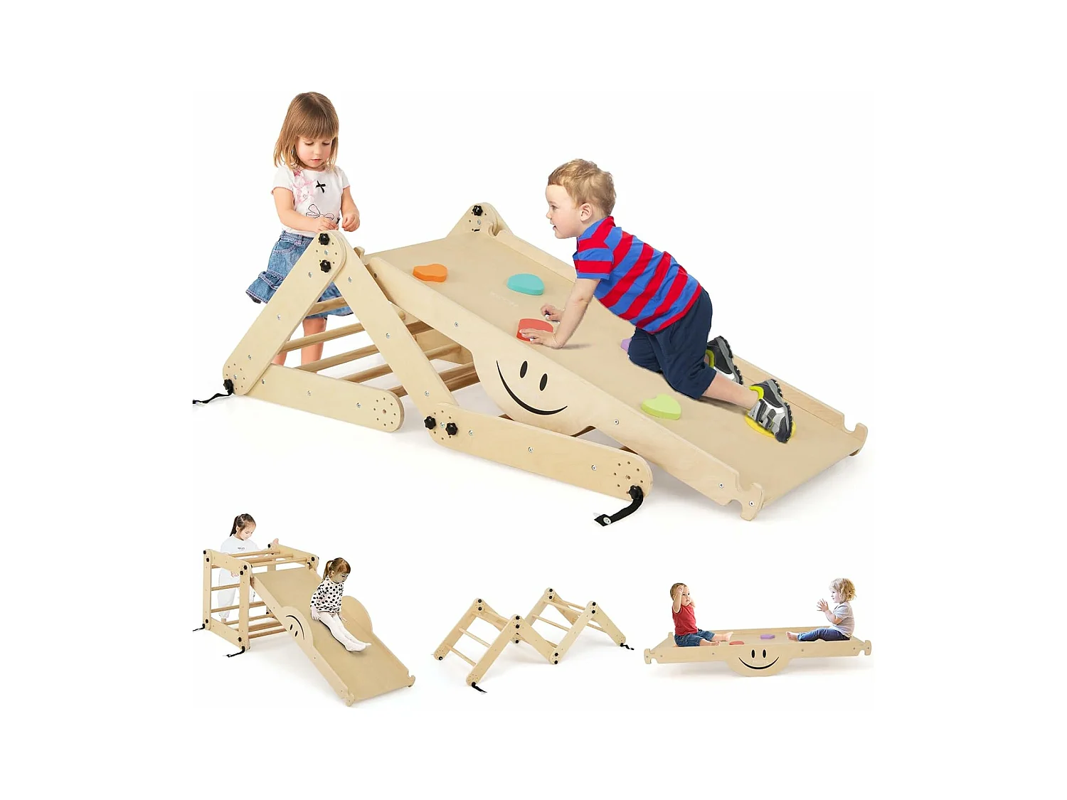 5-in-1 Montessori-klimladder voor kinderen met leuning, opvouwbare houten klimdriehoek met glijbaan en wip, belastbaar tot 60 kg (meisjes)