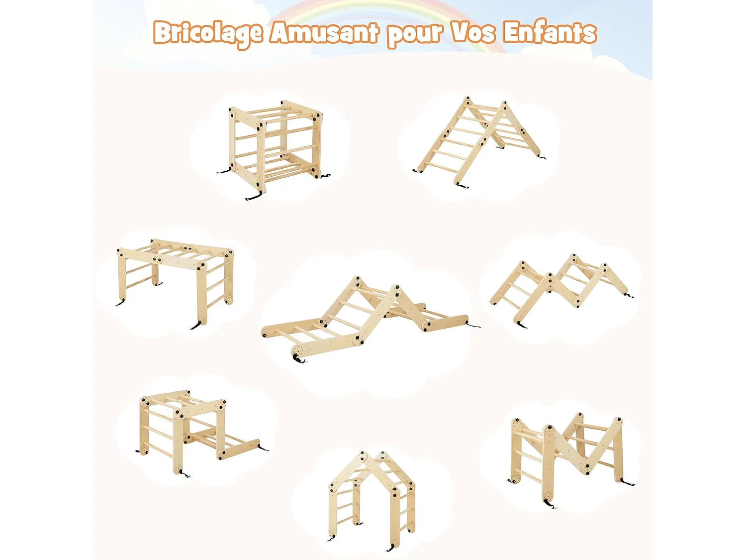 5 en 1 Échelle d'escalade Montessori Enfant avec Rampe, Triangle d'escalade Pliable en Bois avec Toboggan & Bascule, Charge 60kg pour Enfant de 3 Ans+(Girs)