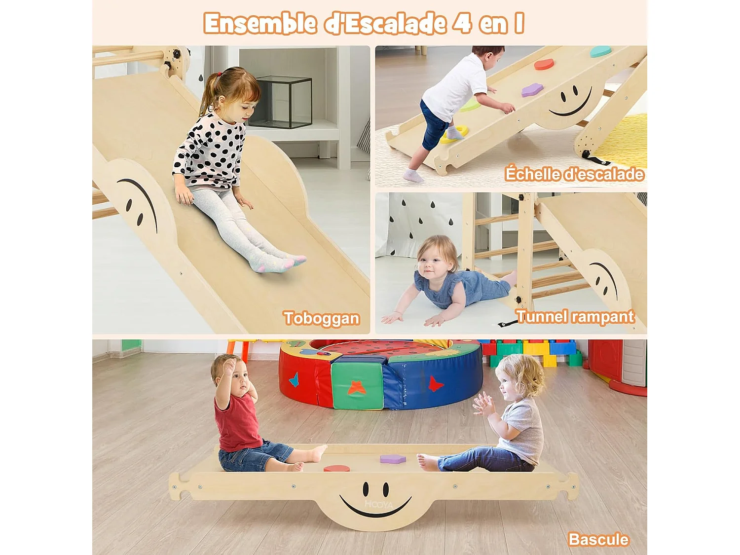5 en 1 Échelle d'escalade Montessori Enfant avec Rampe, Triangle d'escalade Pliable en Bois avec Toboggan & Bascule, Charge 60kg pour Enfant de 3 Ans+(Girs)