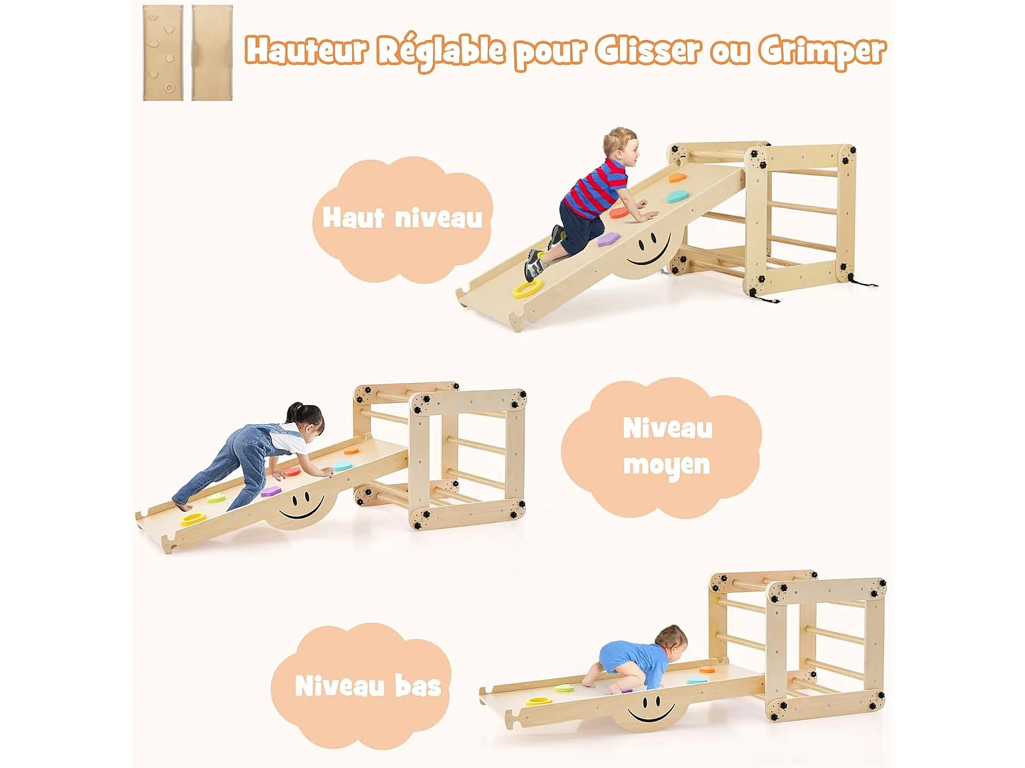 5 en 1 Échelle d'escalade Montessori Enfant avec Rampe, Triangle d'escalade Pliable en Bois avec Toboggan & Bascule, Charge 60kg pour Enfant de 3 Ans+(Girs)