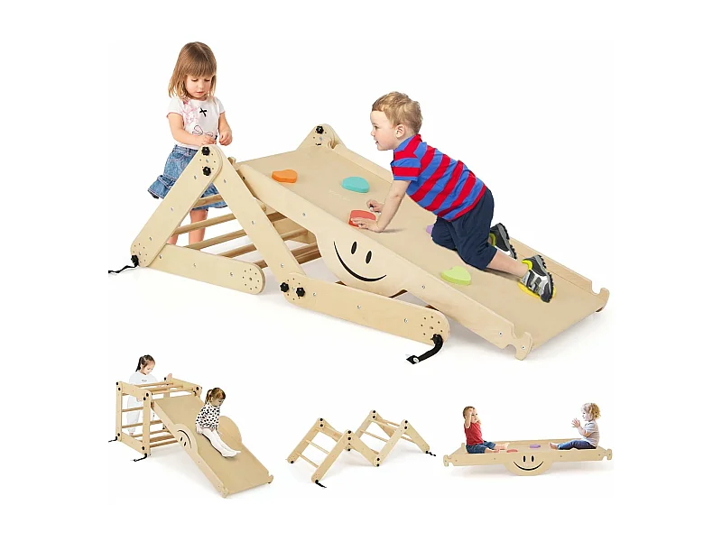 5 en 1 Échelle d'escalade Montessori Enfant avec Rampe, Triangle d'escalade Pliable en Bois avec Toboggan & Bascule, Charge 60kg pour Enfant de 3 Ans+(Girs)