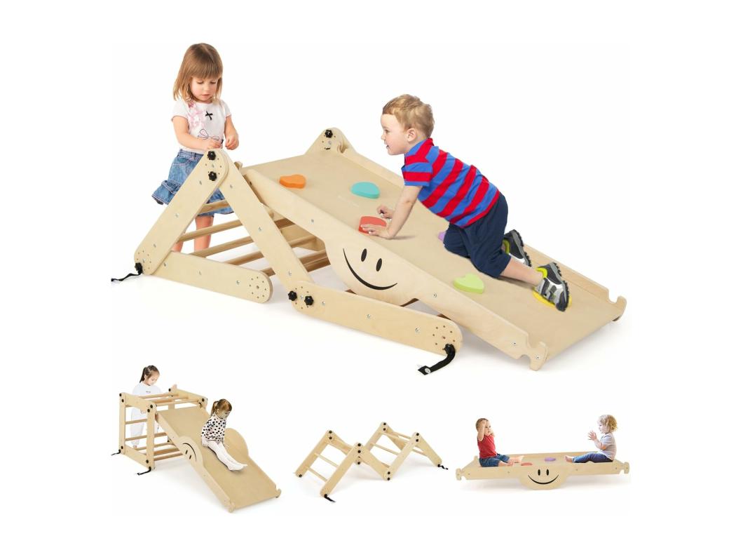 5 en 1 Échelle d'escalade Montessori Enfant avec Rampe, Triangle d'escalade Pliable en Bois avec Toboggan & Bascule, Charge 60kg pour Enfant de 3 Ans+(Girs)