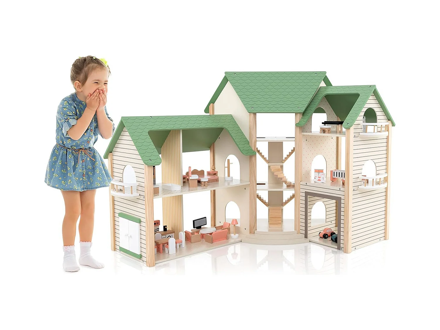 Maison de Poupée en Bois avec 6 Pièces & 36 Meubles, Maison de Rêve avec Toit Vert & Garage & Balcon,  Jeu d’Imitation Princesse pour 3 Ans+, 87 x 37 x 83 cm
