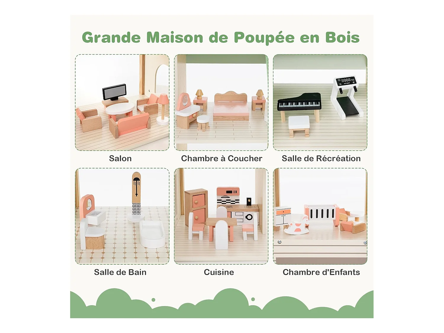 Maison de Poupée en Bois avec 6 Pièces & 36 Meubles, Maison de Rêve avec Toit Vert & Garage & Balcon,  Jeu d’Imitation Princesse pour 3 Ans+, 87 x 37 x 83 cm