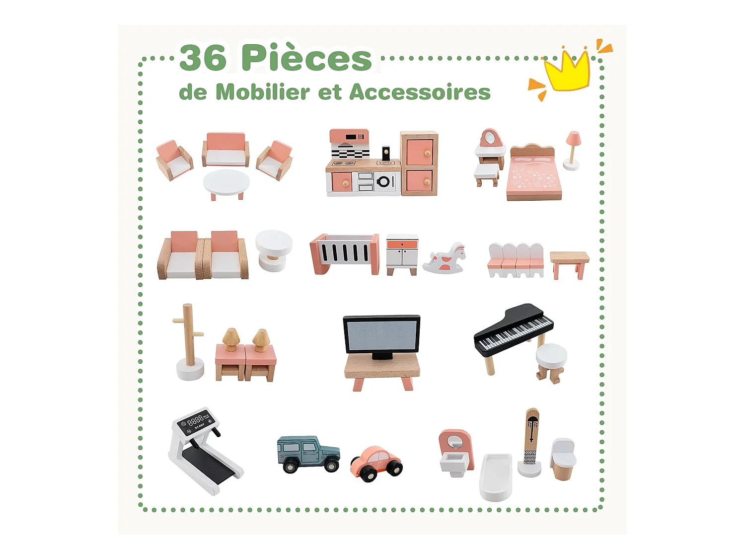 Maison de Poupée en Bois avec 6 Pièces & 36 Meubles, Maison de Rêve avec Toit Vert & Garage & Balcon,  Jeu d’Imitation Princesse pour 3 Ans+, 87 x 37 x 83 cm