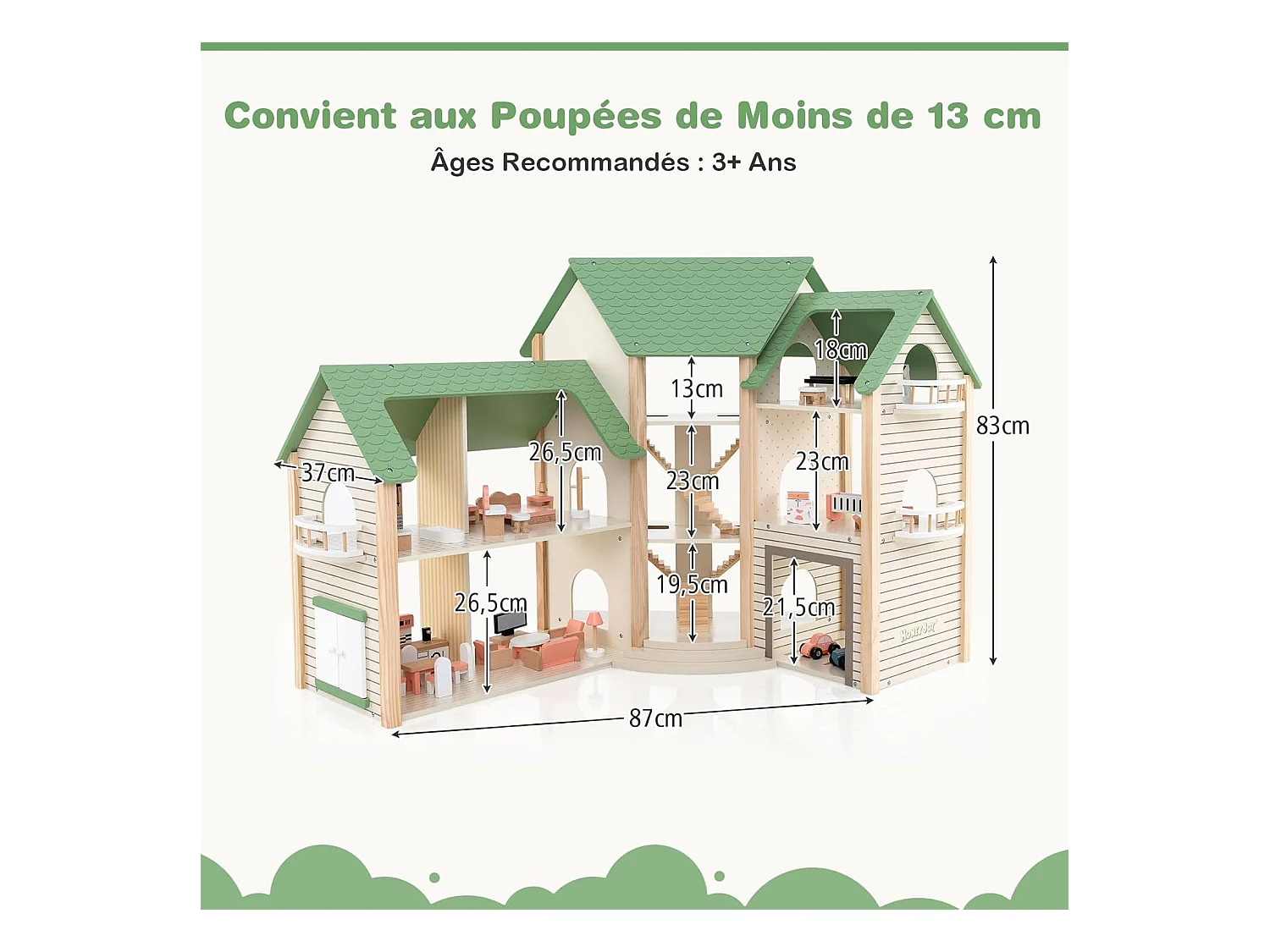 Maison de Poupée en Bois avec 6 Pièces & 36 Meubles, Maison de Rêve avec Toit Vert & Garage & Balcon,  Jeu d’Imitation Princesse pour 3 Ans+, 87 x 37 x 83 cm