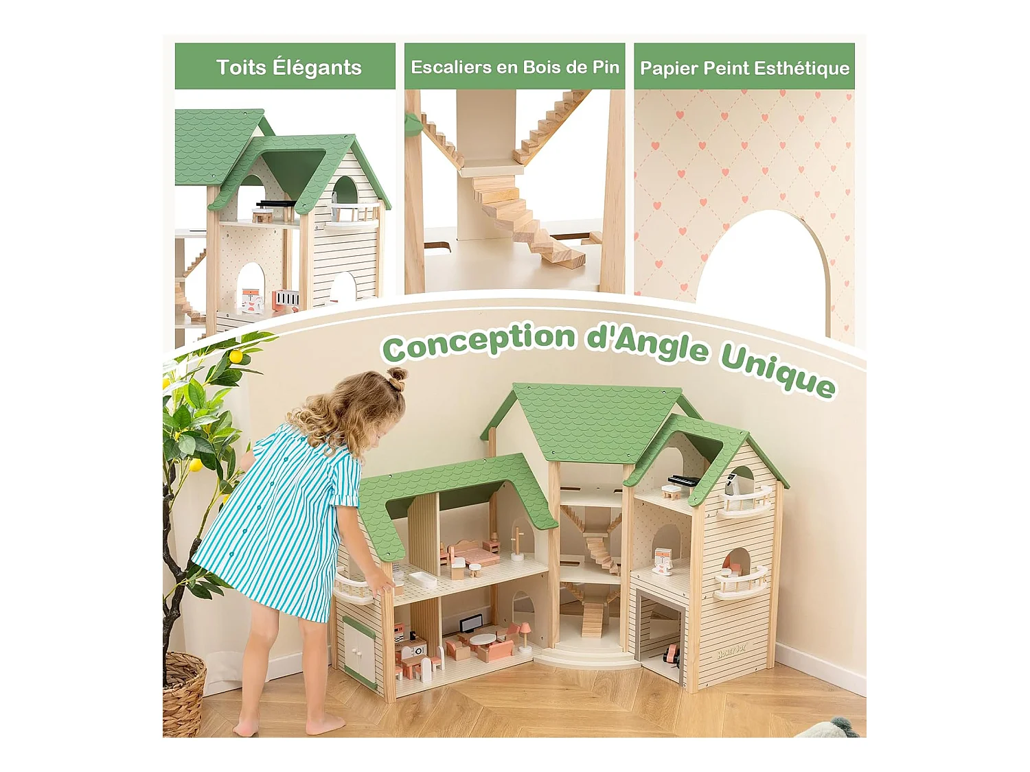 Maison de Poupée en Bois avec 6 Pièces & 36 Meubles, Maison de Rêve avec Toit Vert & Garage & Balcon,  Jeu d’Imitation Princesse pour 3 Ans+, 87 x 37 x 83 cm