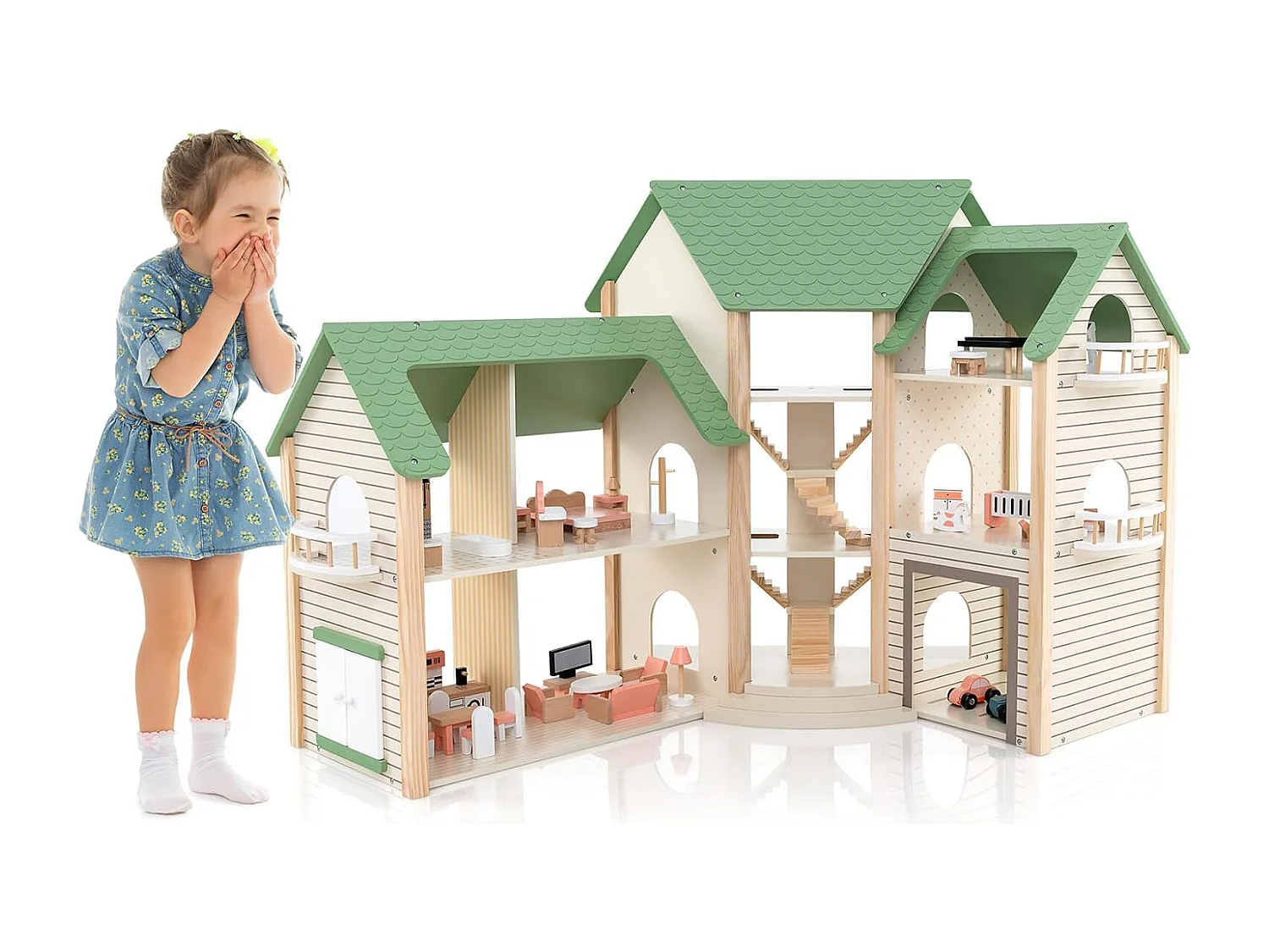 Maison de Poupée en Bois avec 6 Pièces & 36 Meubles, Maison de Rêve avec Toit Vert & Garage & Balcon,  Jeu d’Imitation Princesse pour 3 Ans+, 87 x 37 x 83 cm