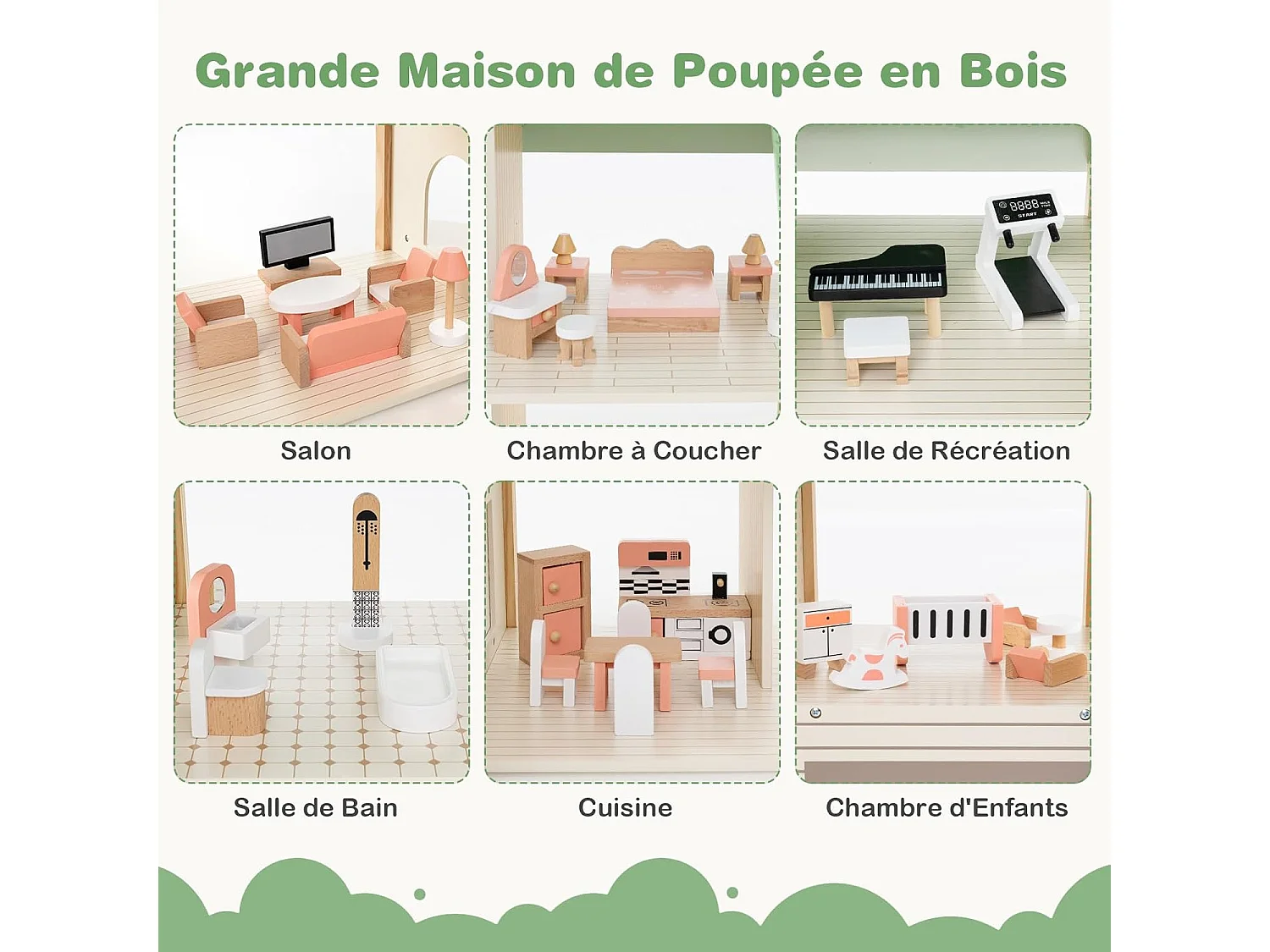 Maison de Poupée en Bois avec 6 Pièces & 36 Meubles, Maison de Rêve avec Toit Vert & Garage & Balcon,  Jeu d’Imitation Princesse pour 3 Ans+, 87 x 37 x 83 cm