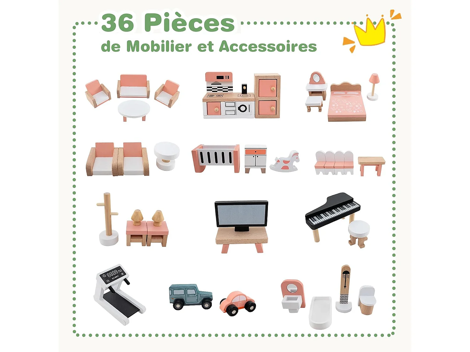 Maison de Poupée en Bois avec 6 Pièces & 36 Meubles, Maison de Rêve avec Toit Vert & Garage & Balcon,  Jeu d’Imitation Princesse pour 3 Ans+, 87 x 37 x 83 cm