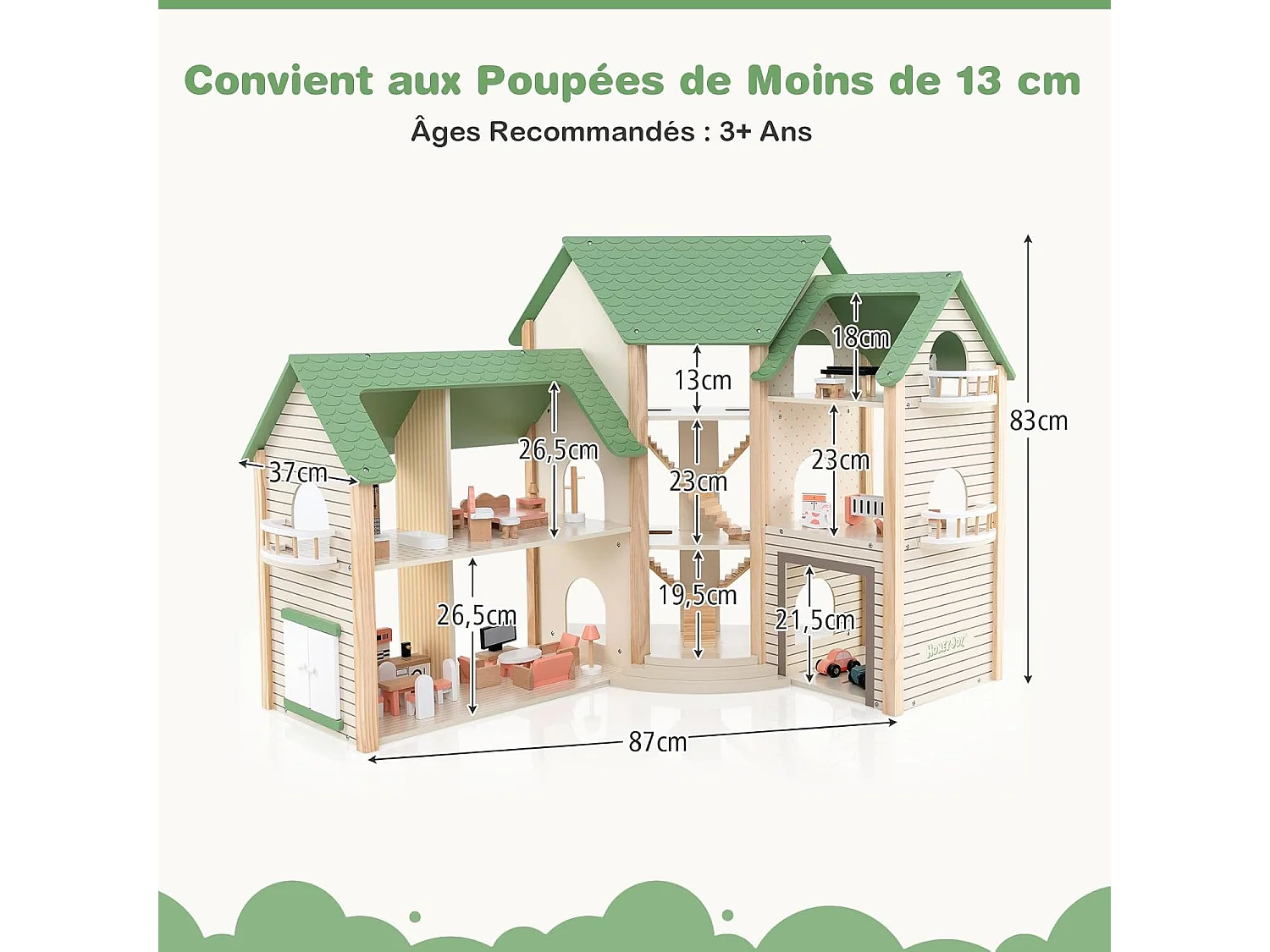 Maison de Poupée en Bois avec 6 Pièces & 36 Meubles, Maison de Rêve avec Toit Vert & Garage & Balcon,  Jeu d’Imitation Princesse pour 3 Ans+, 87 x 37 x 83 cm